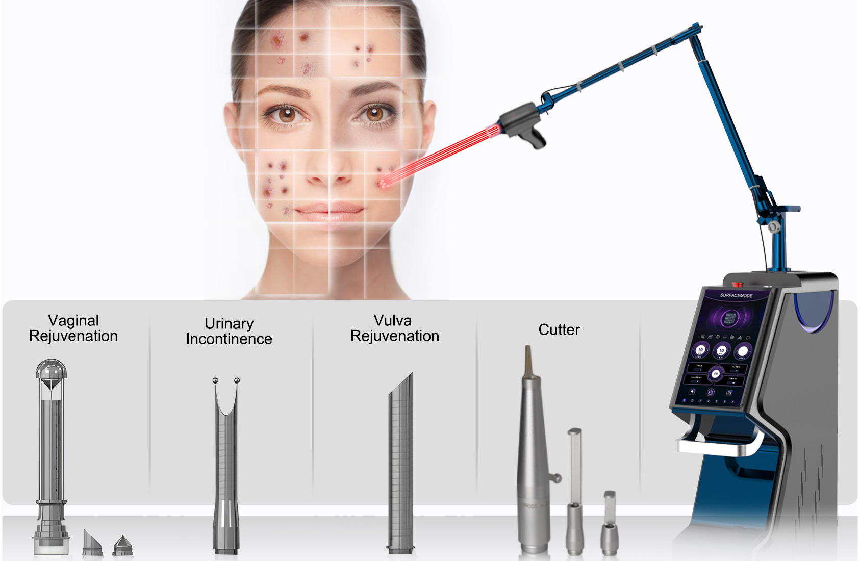 Fractional CO2 laser machine with facial beam and treatment handpieces