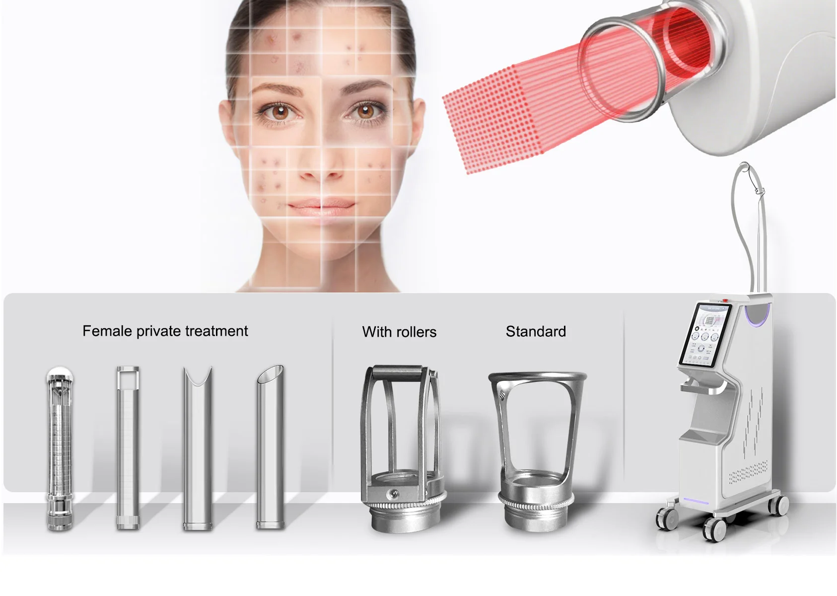 Thulium laser machine with private treatment, roller, and standard handpieces