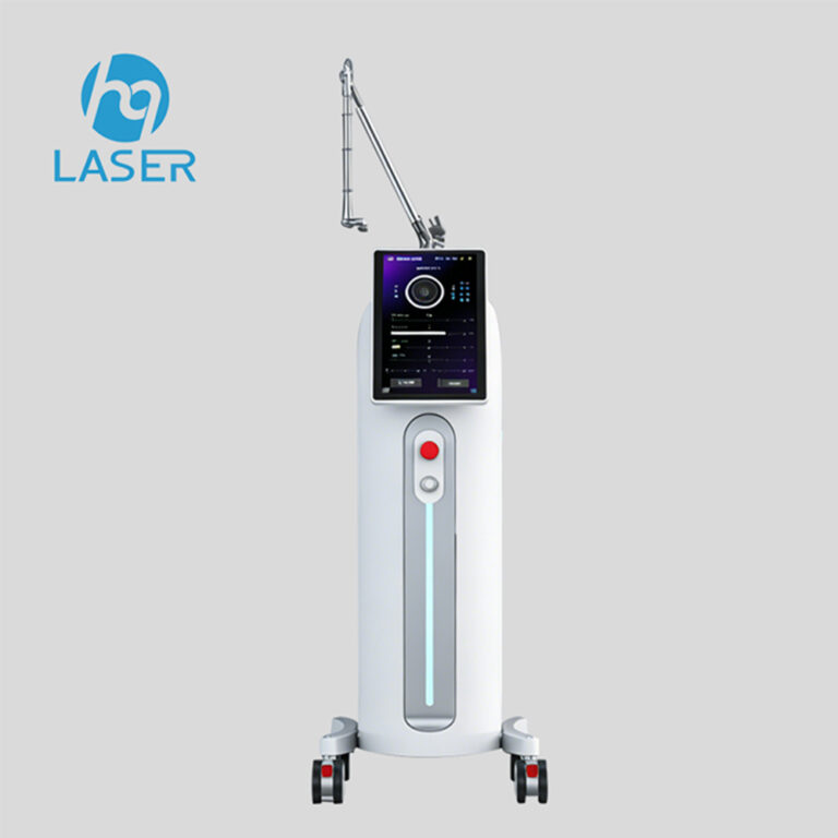 White vertical 80W fractional CO2 laser system with large touchscreen and articulated arm