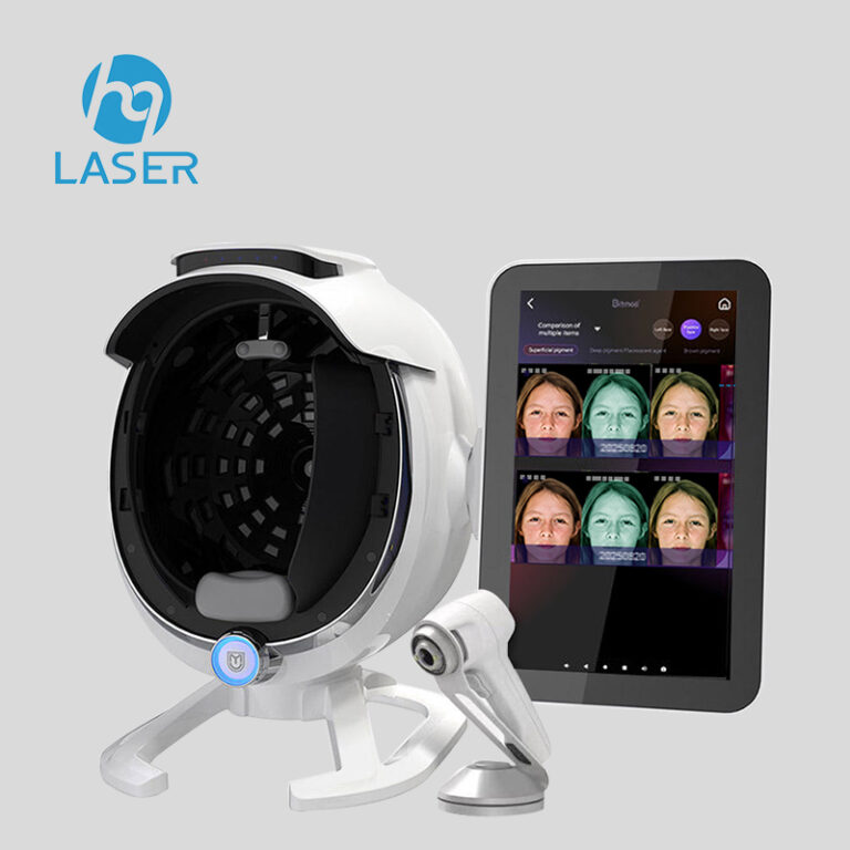 AI skin analyzer with facial imaging camera, handheld probe, and tablet display