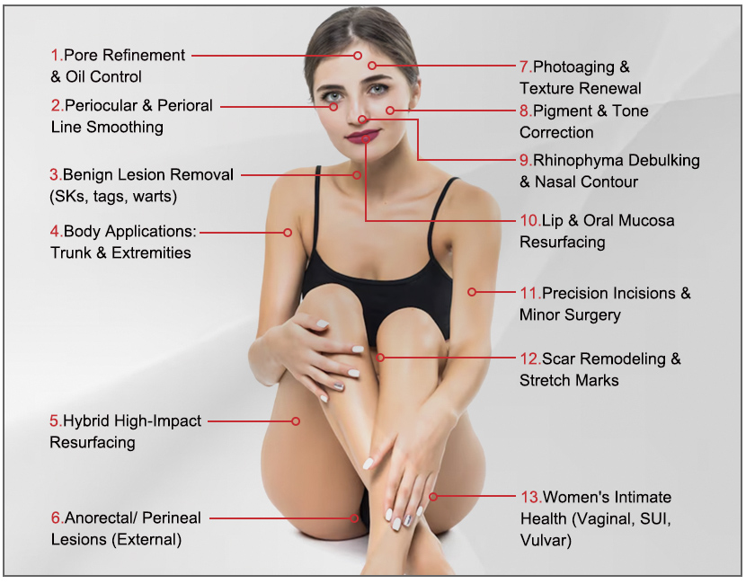 Full-body and facial treatment areas diagram for fractional CO2 laser