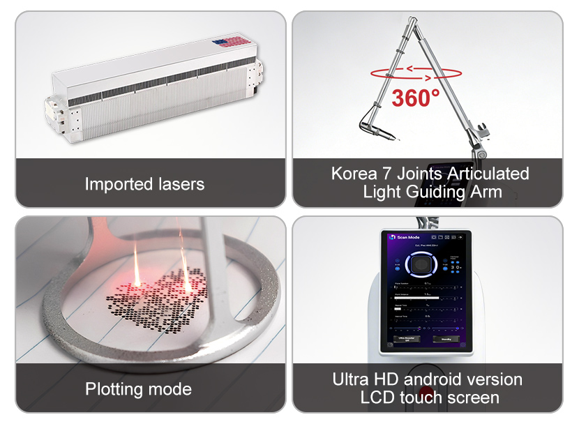 Core components including imported RF laser, 7-joint articulated arm, plotting mode, and Android touchscreen