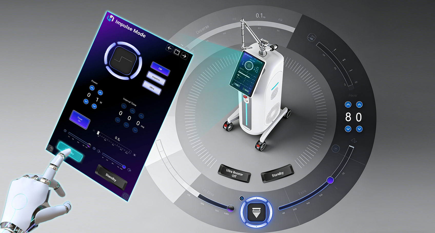 Android LCD touchscreen interface displaying impulse mode, power settings, and pulse controls