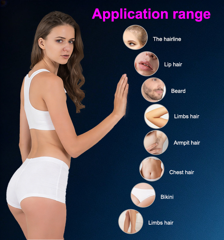 Diode laser hair removal application areas including face, beard, underarms, chest and bikini