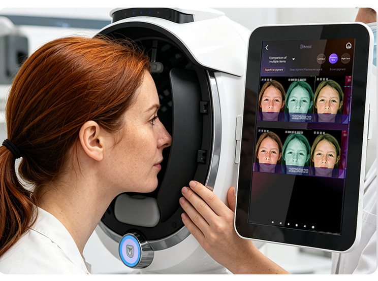 Professional using an AI skin analyzer to scan a customer’s face