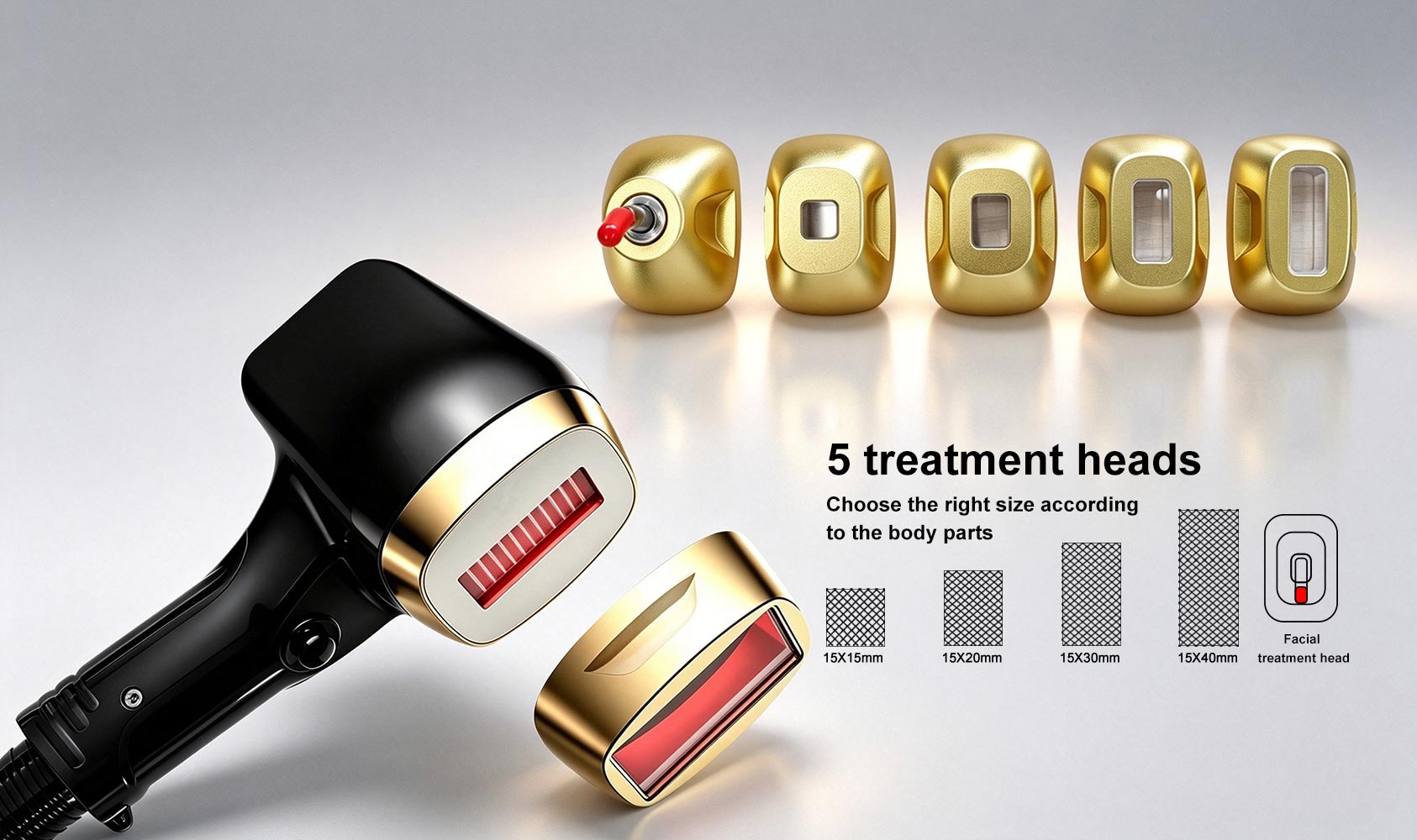 Diode laser hair removal handpiece with five treatment heads in different sizes