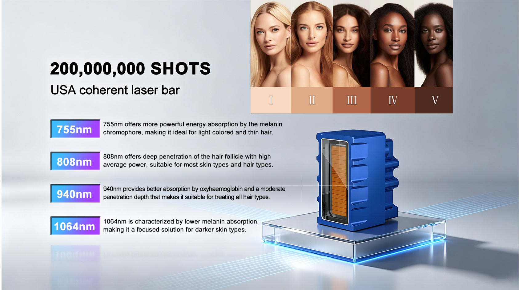Laser system with 755nm, 808nm, 940nm, and 1064nm wavelength options