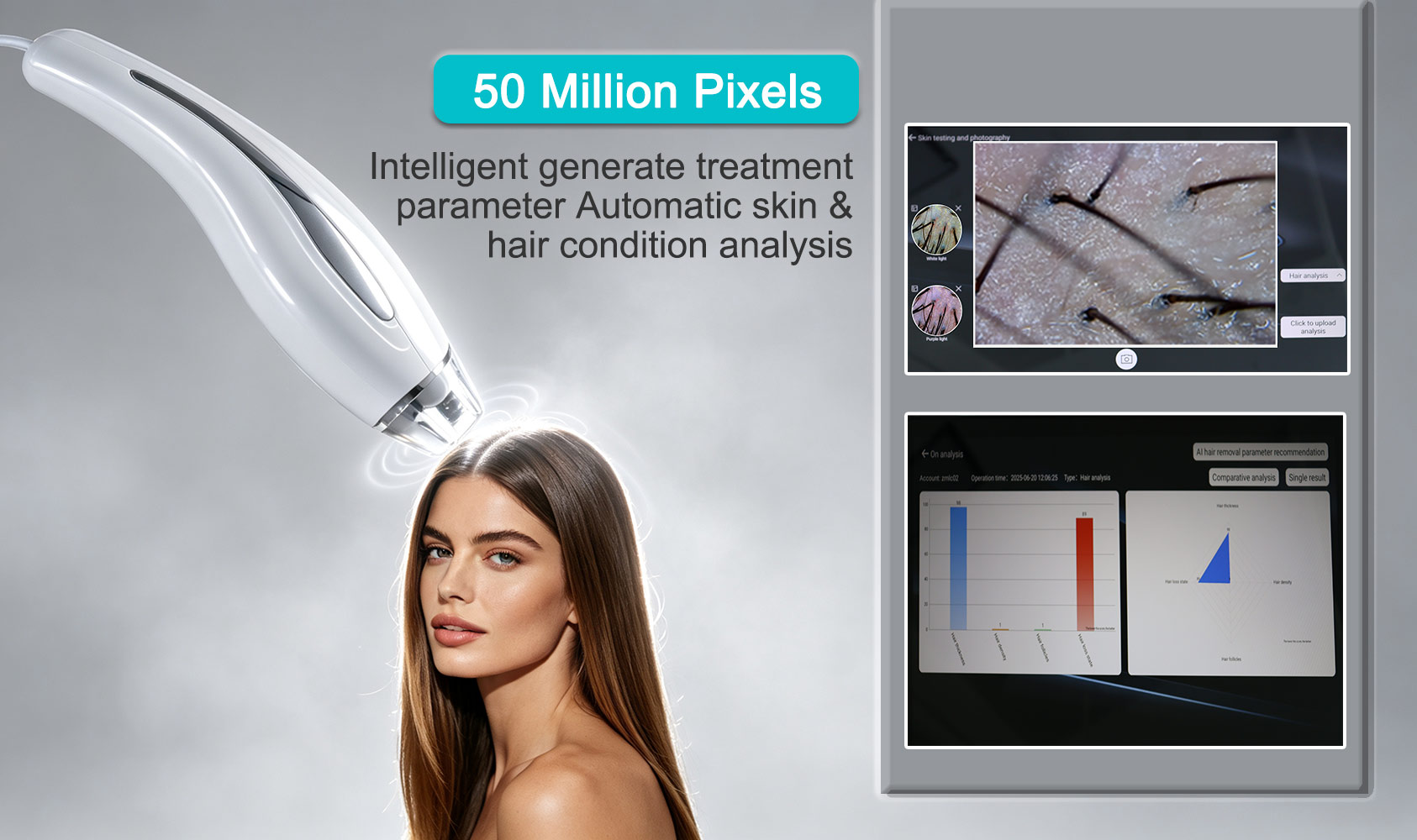 AI skin and hair analyzer with 50-megapixel imaging and treatment parameter analysis