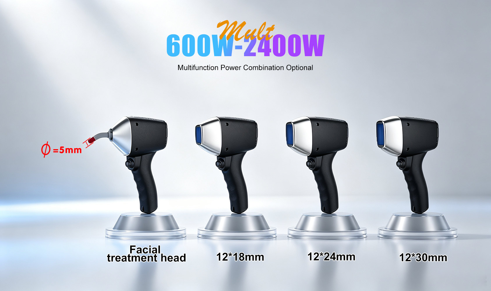 Laser handpieces with facial, 12×18mm, 12×24mm, and 12×30mm heads