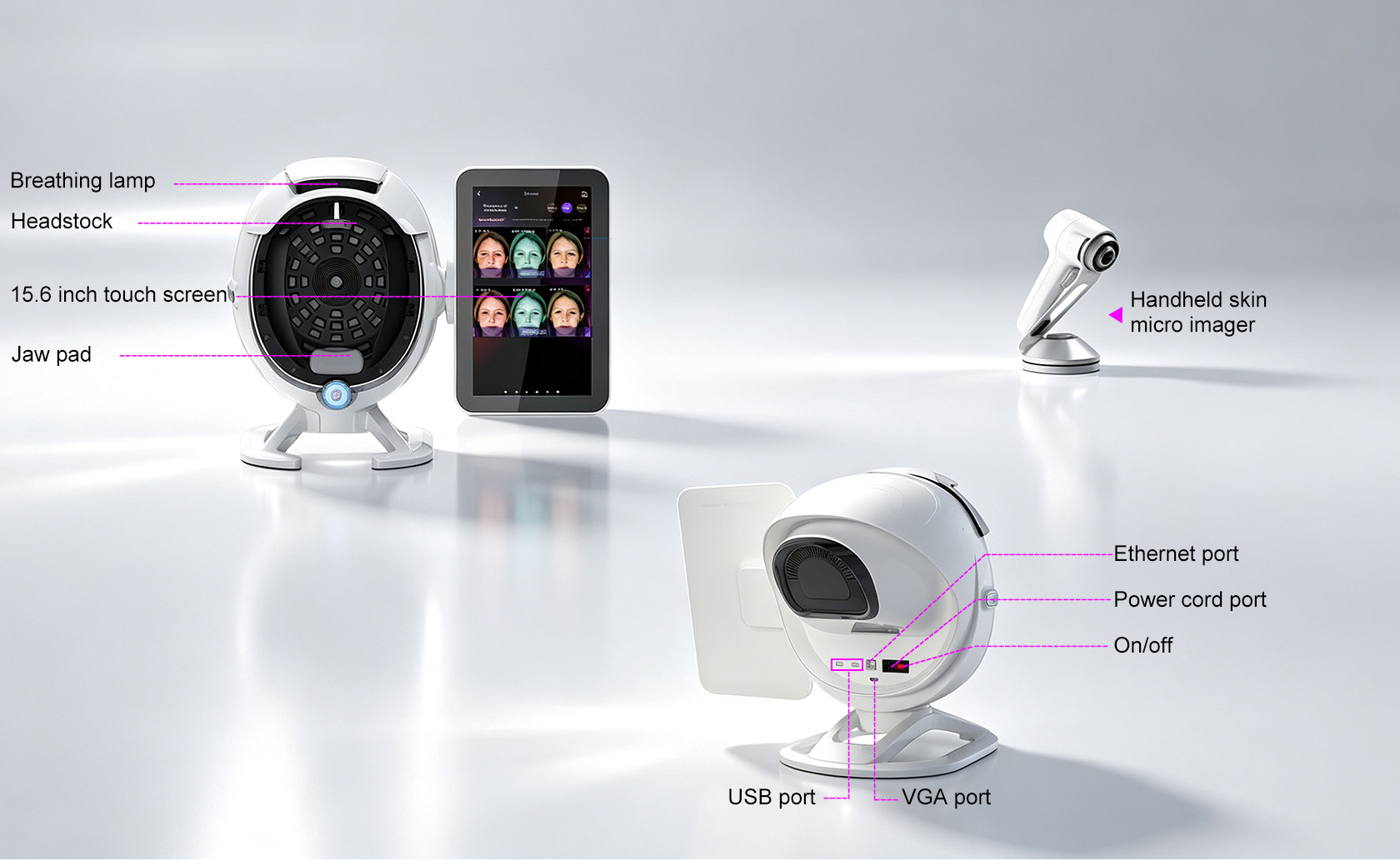 AI skin analyzer with touchscreen, headstock, handheld imager, and connection ports