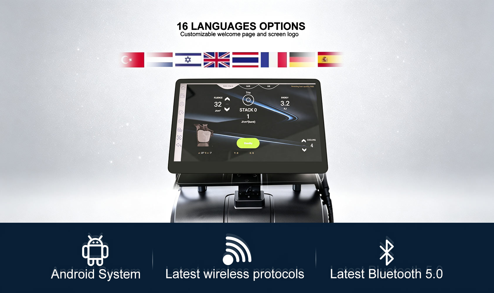 Android diode laser system with 16 language options, wireless and Bluetooth connectivity